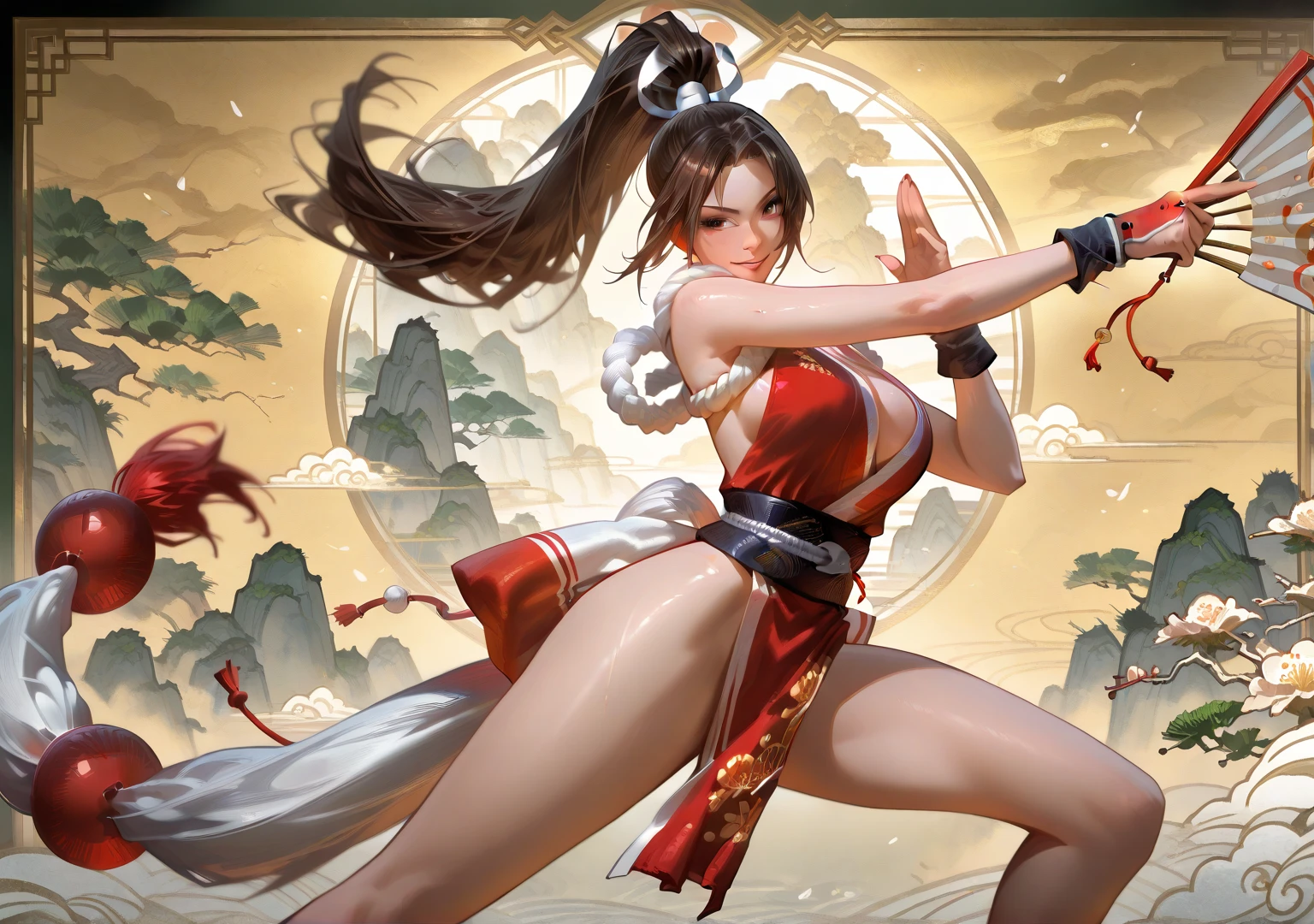 a close up of a woman in a red dress holding a fan, mai shiranui king of fighter, high quality
