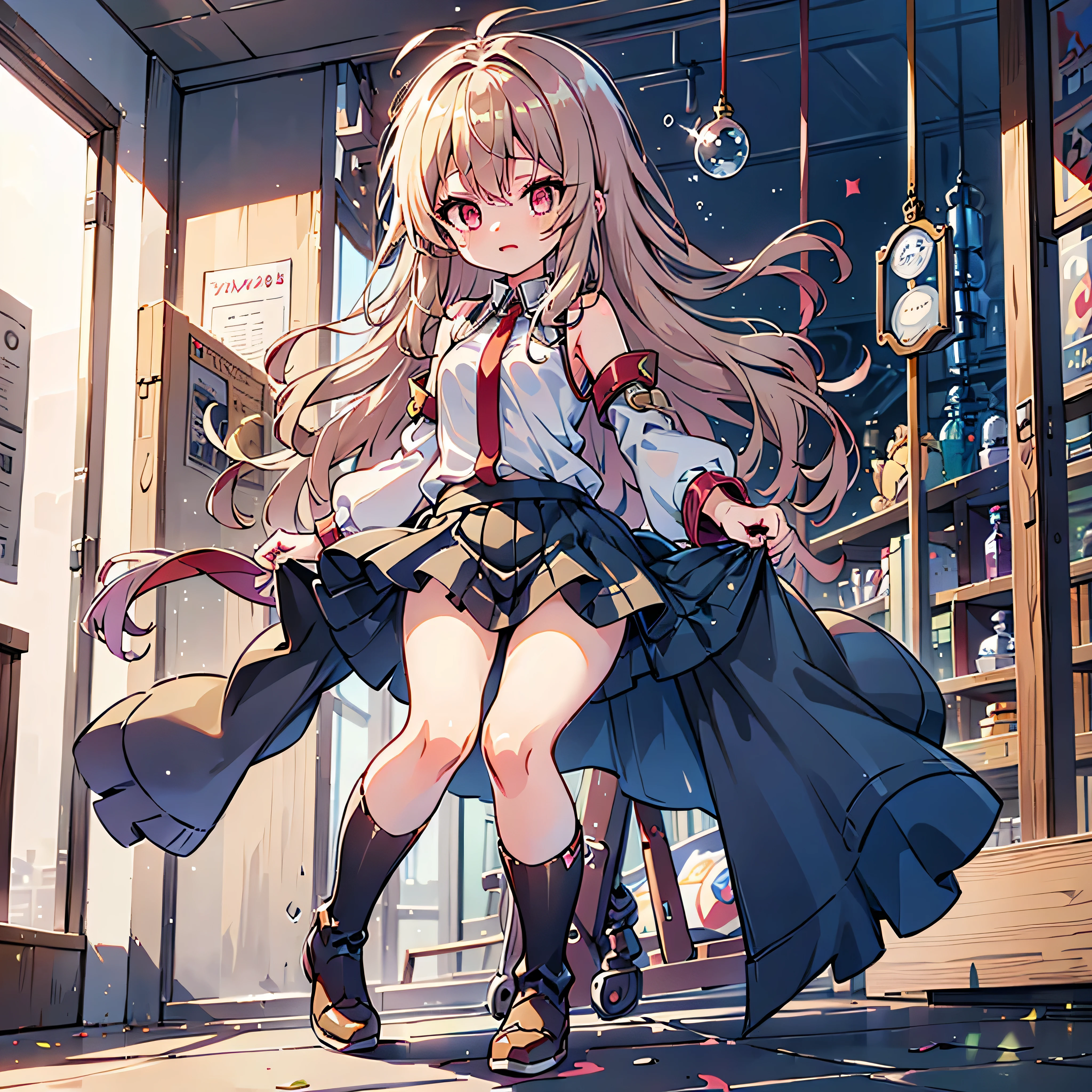 original female Flügel character from No Game No Life universe, full-body, elegant and powerful, long fluffy gradient hair (pink to blonde), golden glowing eyes with slit pupils, large geometric magic wings made of circuits and light, wearing futuristic and revealing Flügel-style outfit with high collar, detached sleeves, glowing runes, and thigh-high boots, levitating with open book and glowing spell circle in hand, confident expression, background of a glowing floating library in the sky, cinematic lighting, anime-style shading, ultra detail, masterpiece, 8k