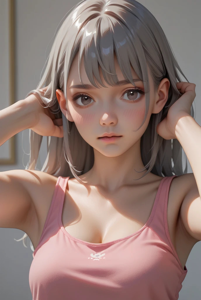 (Best Quality,High resolution,8K,finelity detailed background,Masterpiece:1.2),beautiful girl,Glossy romance gray hair,messy hair,Gray eyes,Gentle look,A refreshing look,Best quality,Best Quality,Aesthetic and aesthetic:1.2,Best details((Super detailed))(High-definition CG illustrations),Tank top,Training wear,Slender body,Training Gym,smile,blush,cute,Scrounge,Looking up,Being spoiled,super model,shoot from above