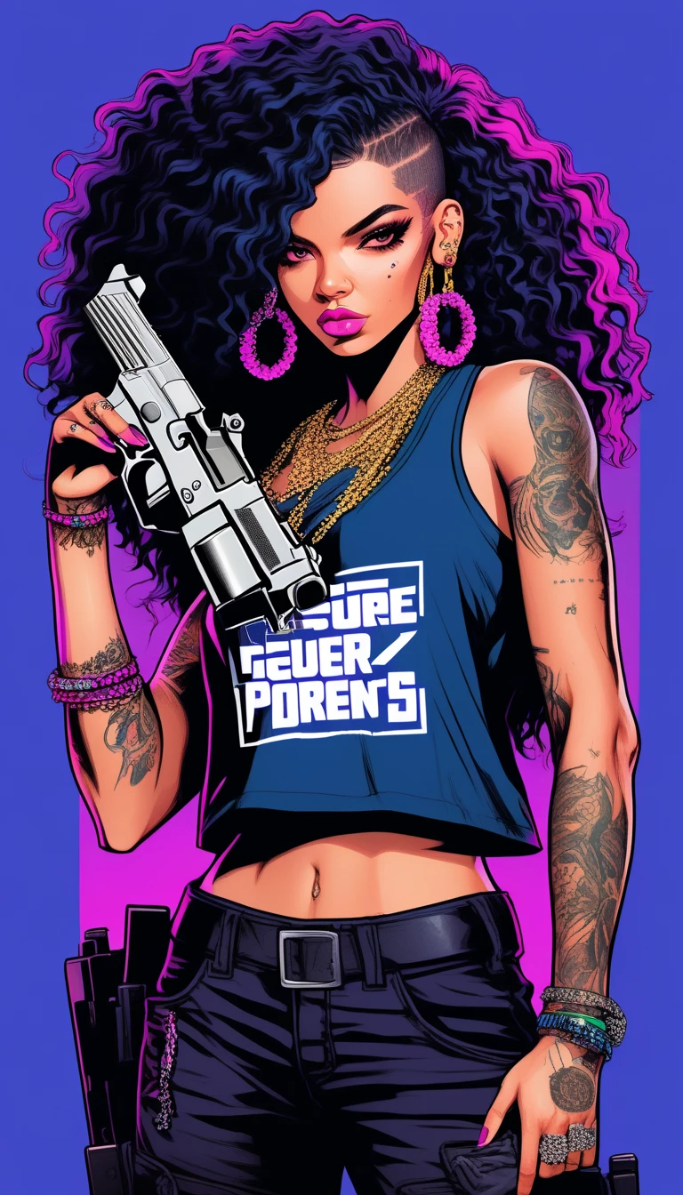 (best quality), big head, face happiness, (short girl with huge breasts:1.2) dark skinned girl in a punk outfit holding a spray can, in a graffiti street, from back, slightly chubby, two toned hair, beanie with a skull logo, wide hips, big butt, thick thighs, gyaru