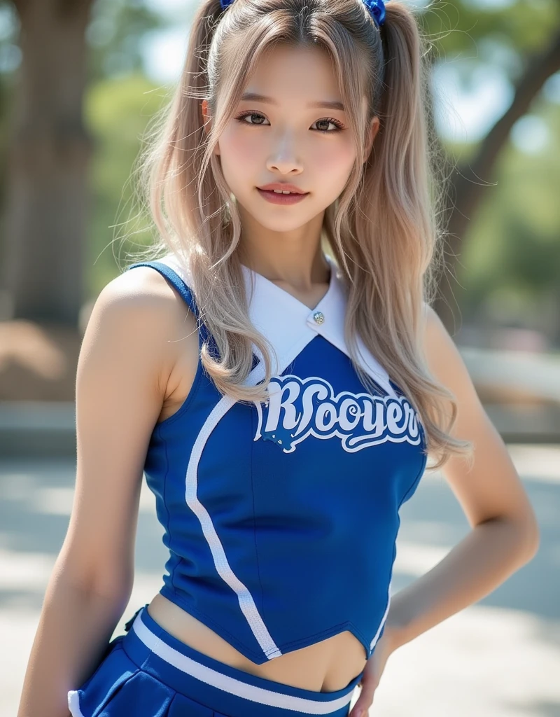 best quality, full body portrait, delicate face,very cute and pretty face, 22 years old woman, slim body, , cheerleader uniform, office uniform, black stockings, outdoor scene, Sitting position, spread legs, blonde hair, happy smile