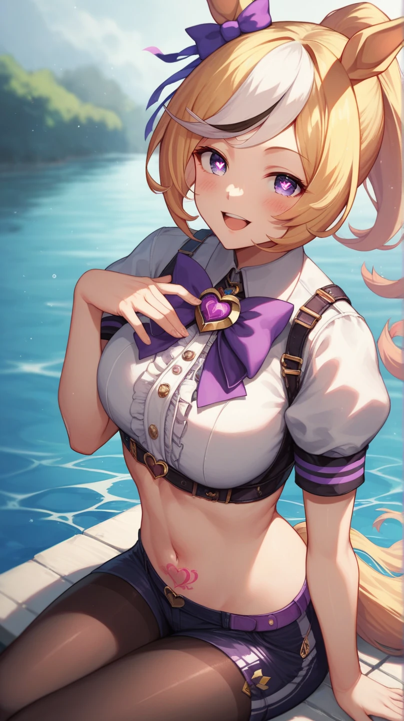 1 Female,High definition,high resolution,Ultra-realistic,8K, ta1, blonde hair, long hair, yellow eyes,white jacket, sleeveless, blue skirt, tight skirt, miniskirt,fingerless gloves, large breasts,European,sexy,Upper body close-up,Photographed from the front,Dynamic Angles,blush, medium tits , happy, wink the eye,facial, sweat,multicolored hair ,(holding a big birthday cake),(show cake),(happy birthday message)