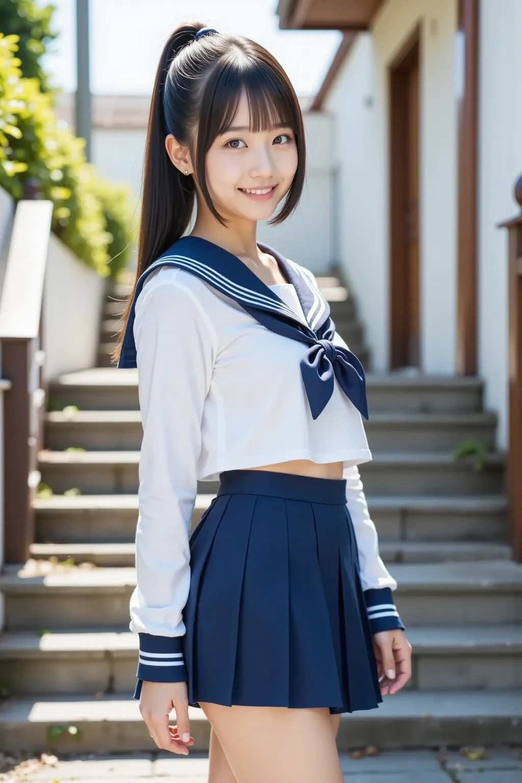 ​master piece,8K,(​master piece,Photorealistic:1.5),(​master piece,Ultra High Resolution:1.5),(​master piece,Best Quality,ultra-detailliert:1.5),
Beautiful Girl,Full body,light smile,japanese Sailor Uniform,School,