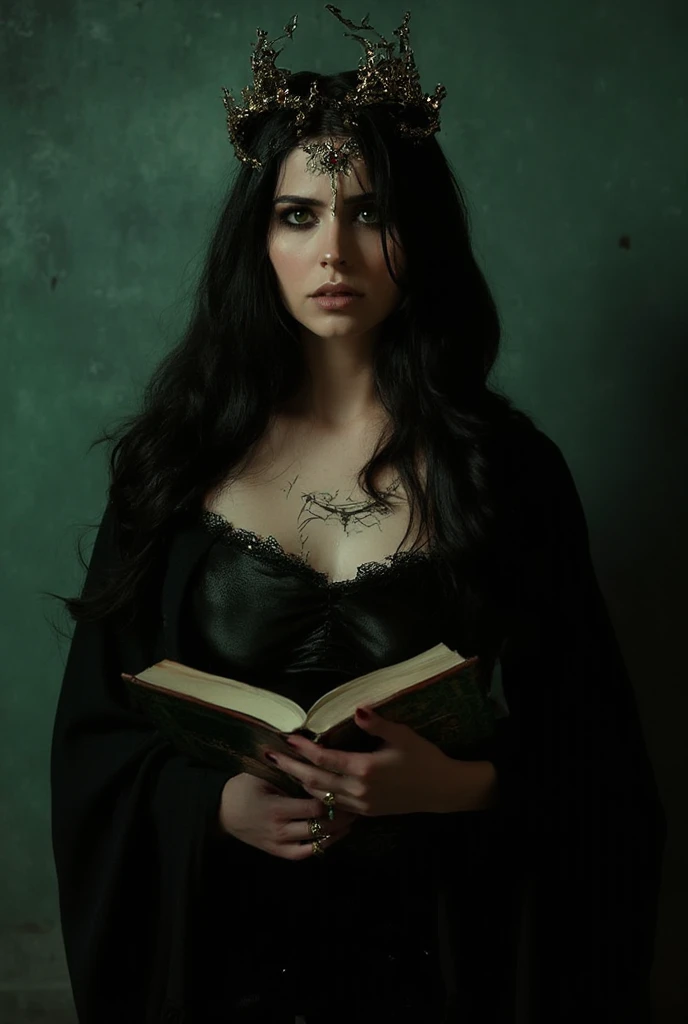 Dark green haired witch with long curly hair in a short black dress holding a spell book in her hand wearing valuable jewelry