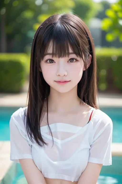 The best quality at its best, one-girl, (A beautyful girl, cute:1.3), (15 years old:1.3), The clarity of the eyes is very good, (Symmetrical eyes:1.3), (Hot water spring,naked, Cover your chest with a towel:1.2),Brown eyes, Parted bangs, Wet Hair, girl,Underwater