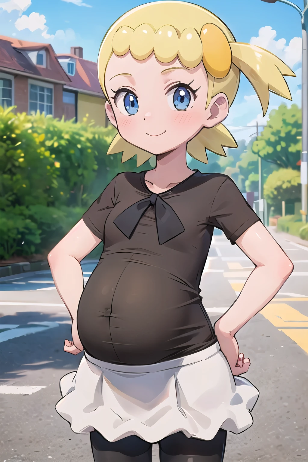 masterpiece, best quality, 1girl, solo, mature female, straight hair, short hair, blonde hair, beard, blue eyes, white t-shirt, black pants, pregnant, hands in pockets, outdoors