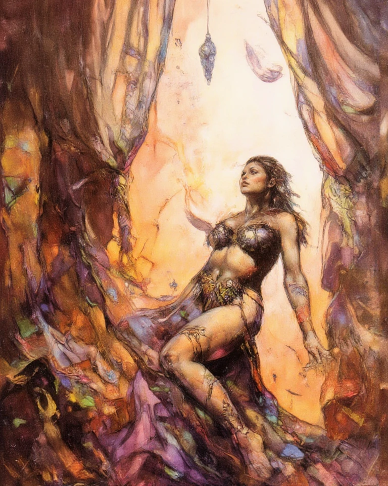 (melhor qualidade, Obra de arte), (tarot, tarot card,:1.1), Post-apocalyptic warrior woman, in the artistic style of Simon Bisley , Capa de metal pesado, Minimal clothing, seminu, topless, grandes, fundo preto, Dourado, glorioso, epic background, Vibe Epic, no estilo de Druuna