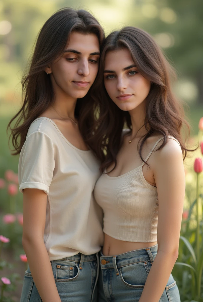 2heads, female couple, age 28, two heads on one body, one torso, hipsters, middle eastern, curly hair, casual clothes, in the park