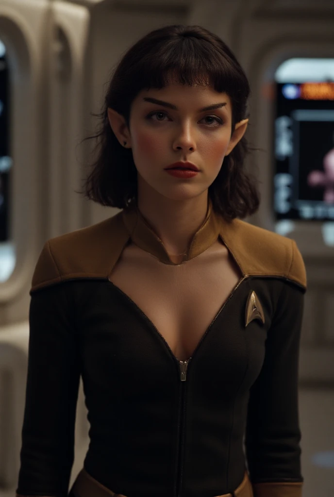 Sexy Vulcan woman, age 28, (skimpy skin-tight Star Trek minidress), consciously showing off her body, on a busy star ship, detailed face, beautiful eyes, long eyelashes, beautiful lips, short geometric hairstyle that shows her ears, detailed clothing, dynamic pose, cinematic lighting, highly detailed, 8k, photorealistic, masterpiece, sci-fi, hyper-realistic, high quality, (dynamic sexy provocative pose), fit, slender, (cleavage), (photorealistic), beautiful breasts, perfect beautiful legs, erotic pose, (view from creative angle), (((perfect anatomy))), spandex, mesh, (Star Trek Vulcan)