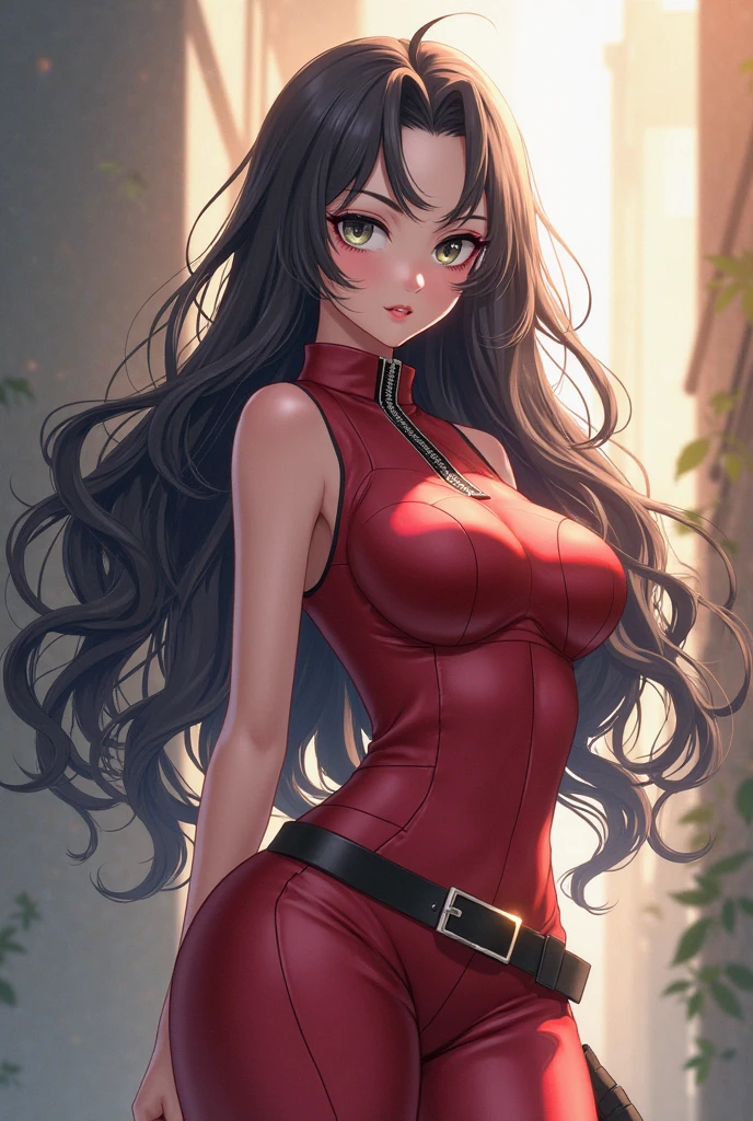make a well-dressed character with red and scarlet eyes and beautiful brown hair and well-dressed (anime styling)