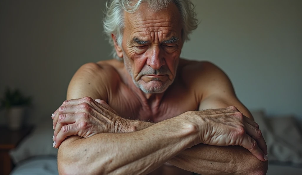 Weathered, a old man, nude, seated on a barstool, Deep folds, Durable, weather-beaten, Aging appearance, mildly muscular body, Rough jawline, no beard, thick walrus moustache, stubbles, gray hairs, Loneliness was engraved on his face, pensive expression, Strong gaze, A clear sign of a good life, Intricate web of scars and blemishes, Complex mechanical structures peep through damaged skin, Complex artificial nervous system, Intertwined wires and circuits, The eyes are filled with deep wisdom, Wrinkles are deeply etched, He felt visibly tired of facial features, Tears sparkled in his eyes, Surrealist depictions, head to toe view that emphasizes every detail, he is shirtless and wears no pants, he is nude he has a lot of body hair, medium sized penis, mature male, (b&Show on the, Monochromatic, Film photography:1.3), nude photography, Photorealistic, Hyperrealistic, ultra - detailed, film-noir, analogue style, hip is cocked, demure, Soft lighting, Subsurface scattering, Realistic, heavy shadow, Masterpiece, Best quality, Ultra photo realsisim, 8K, Intricate, High detail, Film photography, Soft focus