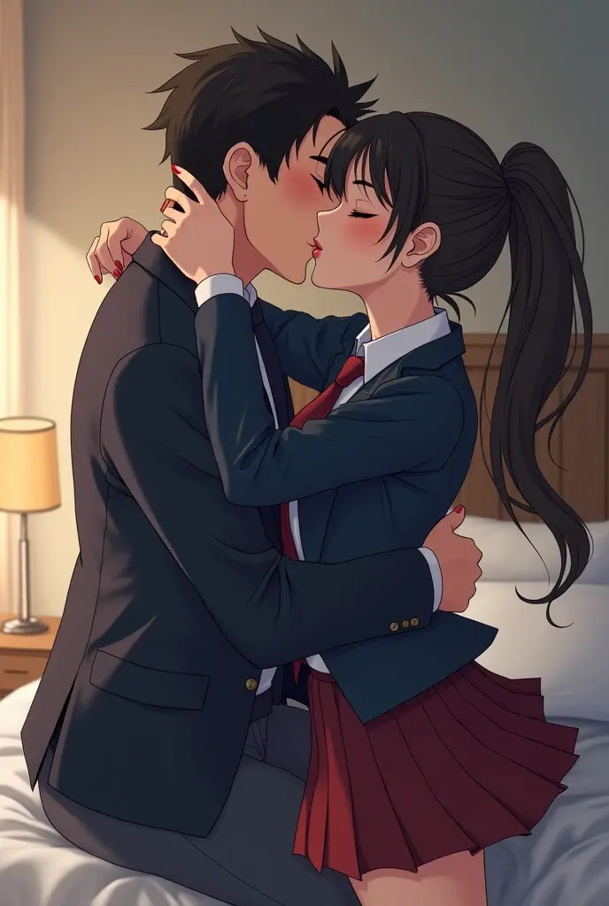 (masterpiece, Highest quality, High resolution)), A white high school girl and her father in his 40s share a passionate kiss, (Realistic: 1.4), Excited, Closed eyes, close your eyes, Closed Mouth, Shut your mouth., Great face, Glossy Lips,, ponytail, (Beautiful Hair:1.5), Slender, Japanese High School Uniform, (Navy Blue Blazer, Navy blue jacket).
(White dress shirt). (Red tie). (Very short pleated skirt). At the bed, ((A passionate kiss with a father in his 40s, My father's mouth covers