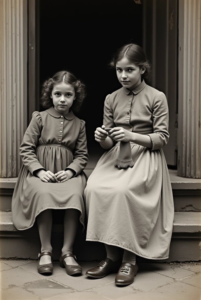 old picture of children, seated, dead garden backgrounds, in the style of John Singer Sargent, horror, desaturated, antique period, aged marks