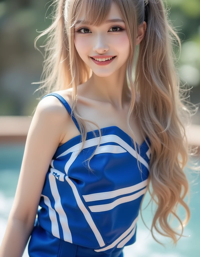 bright look、photorealism、teen, posing nude, highest quality、Super high resolution、The most beautiful Nordic girls photos、cute and beautiful face details、small face、big breasts、Slender、15 years old, Crystal clear white skin、big light blue eyes、long straight hair, 32C breasts, nice smile, camera focus on waist,
