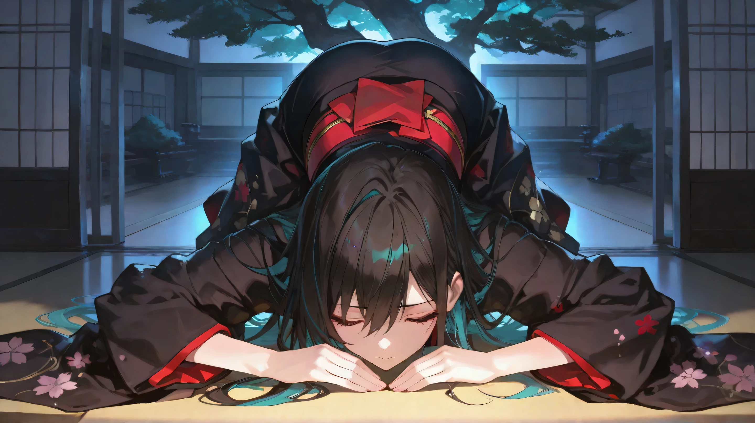 (Unbelievable high resolution , masterpiece , highest quality , highly detailed , 8K , CG , high quality anime picture , full body ) , girl , long black style , turquoise colored inner hair , Apologizing face , close eyes, long hair super detailed , sensuale pose seductive , dynamic lighting , ultra detailed , highres , absurdres , home ,stunning visual cg , (Gestures of remorse , under sakura tree , red-black kimono , Dogeza pose , succumb , Sit on legs , )