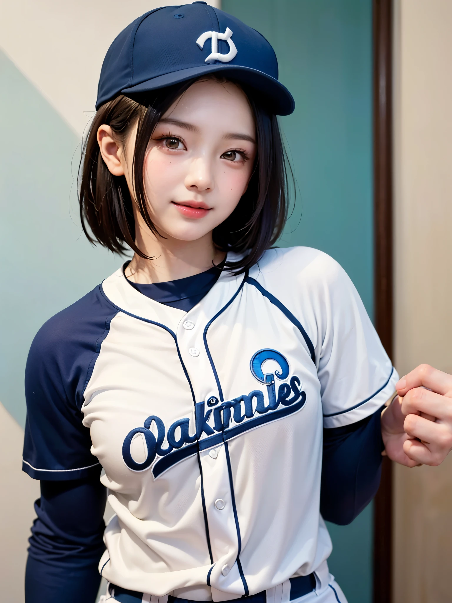 (top quality、8k、32K、masterpiece)、(realistic)、(realistic:1.2)、(high resolution)、very well detailed、has a very beautiful face and eyes、thin waist、(close、top quality、Attention to Details、rich skin details)、(top quality、8k、Oil paint:1.2)、(realistic、realistic:1.37)、bright color、(((brown hair)))、(((Upper Body Shots)))、((( medium hair)))、(((white wall background)))、(((Fun Expressions)))、(((baseball uniform)))、(((Light blue uniform)))、smile、(((short hair、baseball cap)))