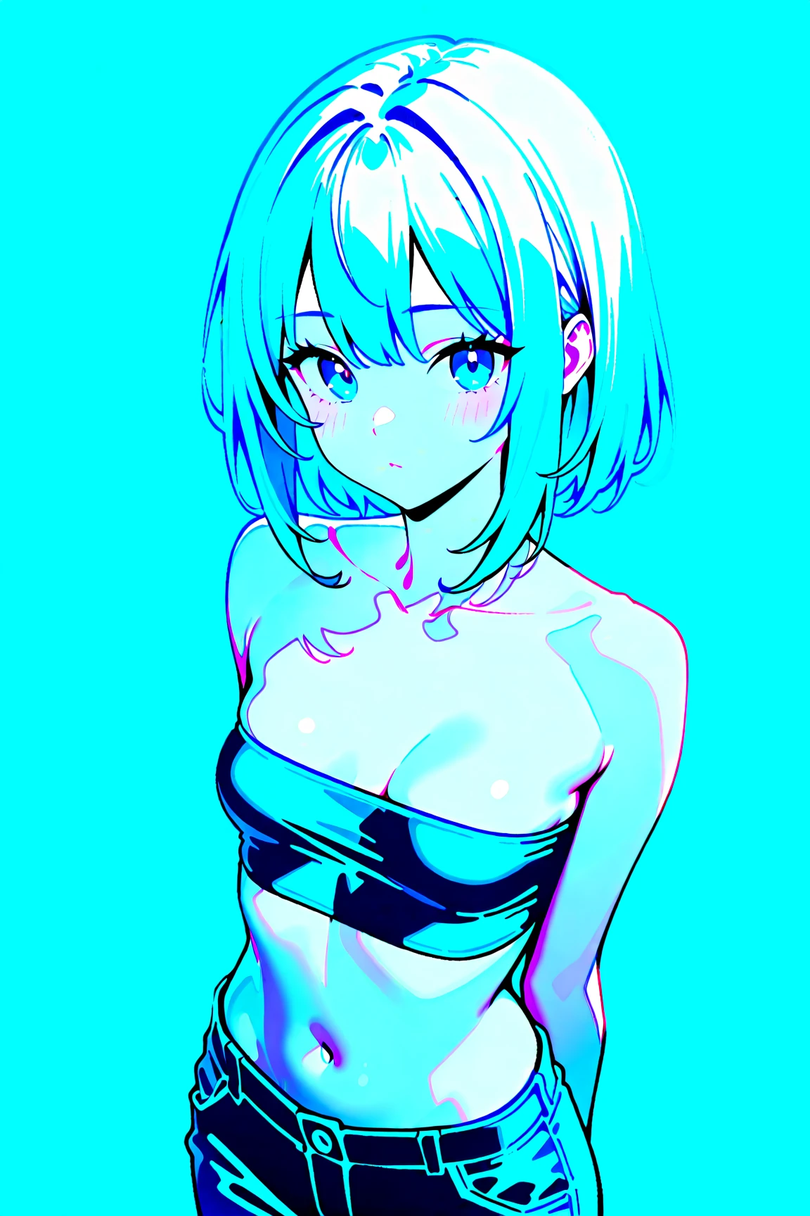 (honjou raita, mahou shoujo /(raita/)), 1girl, solo, 10yo, official art, blue hair, hair over one eye, small breast, shiny skin, groin, bikini, open shirt, side tie, necklace, bracelet, standing, side view, sideways glance, half closed eyes, contrapposto, crossed arms, shy, closed mouth, mesugaki, blush, vulgarity, white background, simple background, peace sign, netorare, nsfw