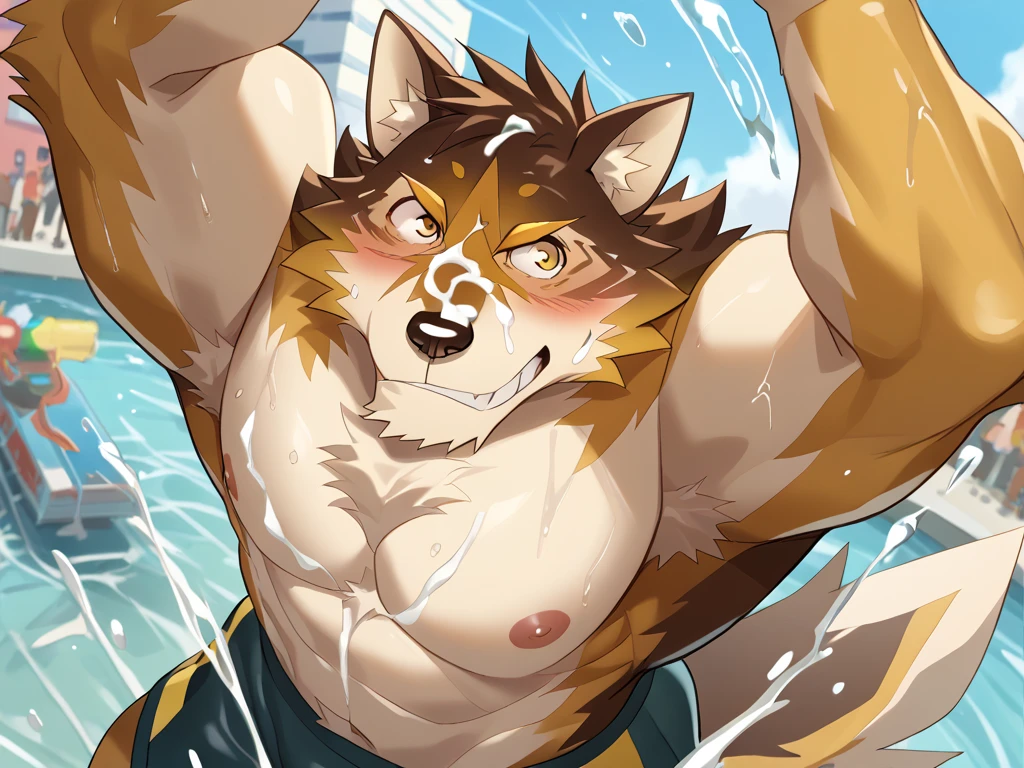 (masterpiece, Best quality:1.2), fox boy, on beach playing volleyball, in speedos, body covered in black fur, Furry style,very muscular wild ,full height,veiny muscles, very long blond hair,freckles on the body and face,blue eyes,defined muscles,wet body from sweat,sharp focus, young , friendly 