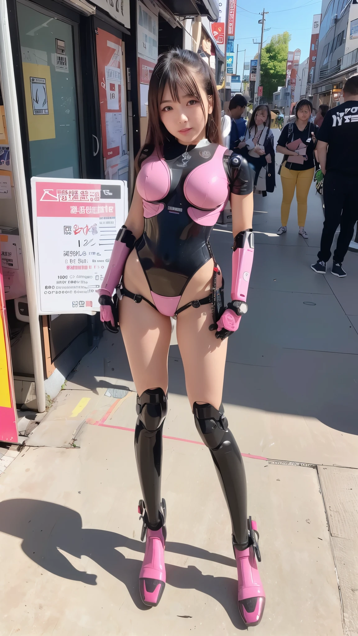 1 girl, Japan, human, big, navel, nude, (masterpiece, best quality), beautiful detailed eyes, fleshy body, big eyes, ahe face, rough breathing, blush, sweat, super high resolution, light pink bodysuit, light pink latex bodysuit, gloves, pink eyes, white gloves, white high socks, brown hair, big breasts, very short bob hair, full body shot, heart collar, skin show, Sheer, City, City, Pedestrian Street, Upright, Open Legs, Crab Crotch, Open Legs, Standing, Arms Folded Behind Head, Hair Raked, Armpits, Misato Ugaki, Rabbit Ears, Rabbit Ear Katyusha, Body Oil, Body Lotion, Emphasize Crotch