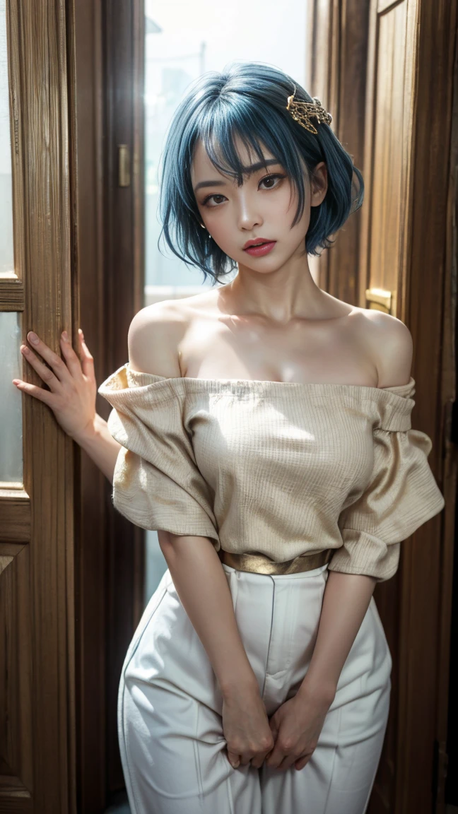 (8K, highest quality, masterpiece:1,2), (realistic, Photoreal:1.37), Super detailed, one girl,), (very detailed), (detailed and beautiful eyes), ((((highly detailed artwork))))、Earrings、((Two-toned hair))、ponytail、(((Inside a stylish secondhand clothing store)))、(masterpiece、Highest quality、In 8K、32K、masterpiece、Super huge 、Ultra-high resolution、Impressionism、Realistic:1.2)、((Cowboy Shot)),  Sharp focus、Beautiful face with detailed background of face and eyelids、Glowing Skin、Sharp pupils、Realistic eyes and beautiful face、Blurred Background、Beautiful 28 year old girl、Glowing Skin、(((bright and beautiful hair)))、iris、curve、Powerful composition,  ((seductive looks))、((horny expression))、、(light blue hair color))、[black hair]、Best Quality, Ultra High Definition, (Photorealistic:1.4),Sunset Light, Ponytail, Korean Women, (big breasts), Detailed Photo, Smiling, Sexy, Black Shirt, Facing Camera,  (Masterpiece: 1.3), (8K, Photorealistic, Best Quality: 1.4), (1girl), Beautiful Face, (Realistic Face), (Black Hair, Short Hair: 1.3), Beautiful Hairstyle, Realistic eyes, beautiful detail eyes, (realistic skin), beautiful skin, (sweater), absurd, attractive, ultra high resolution, ultra realistic, high definition, golden ratio, sitting, crossed legs, black skirt, ((shoulder length hair))