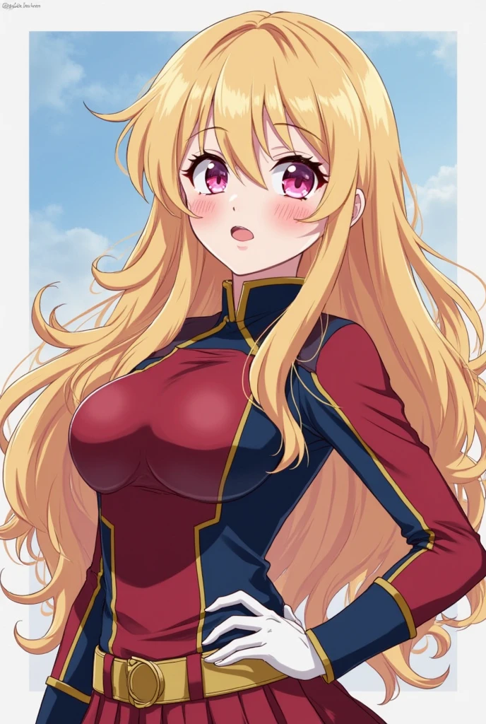 ,anime cg, highresolution, cute , smile, (RED Ribbon on HAIRband:1.2),Blonde hair,Wonder Woman, depicted in a simple drawing with a watercolor background. The drawing uses simple lines and flat color blocks with a cute expression
