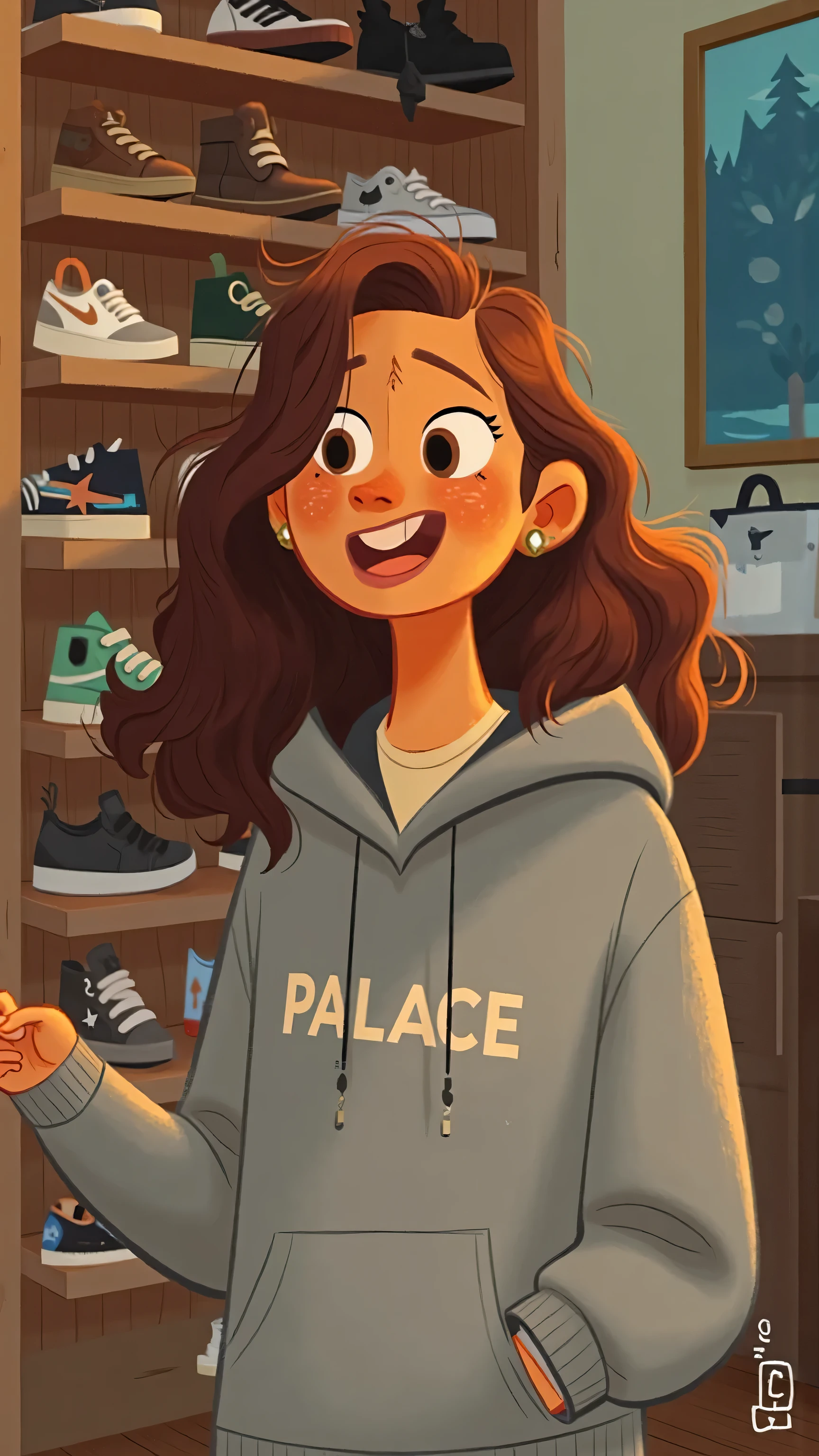 close up,A stylish and elegant young woman(has long brown wavy hair that is naturally flowing,Brown eyes, yellow skin),She's wearing a light gray hoodie(The word “PALACE” is printed on the chest)。Natural looking ,Talking to people。The background is a wooden shelf full of trendy shoes and a bright store space,with blue art on the wall,The overall atmosphere is full of urban street trends。Medium close-up,Real light and shadow。