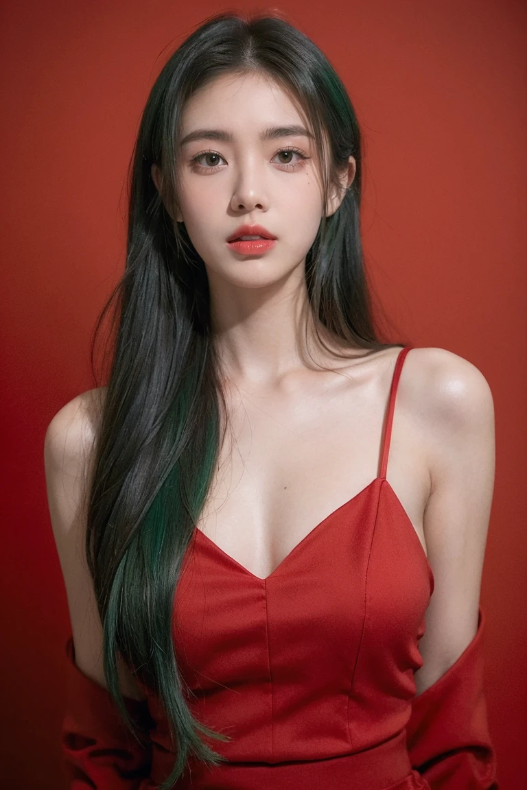 21yo girl, green hair, red background,