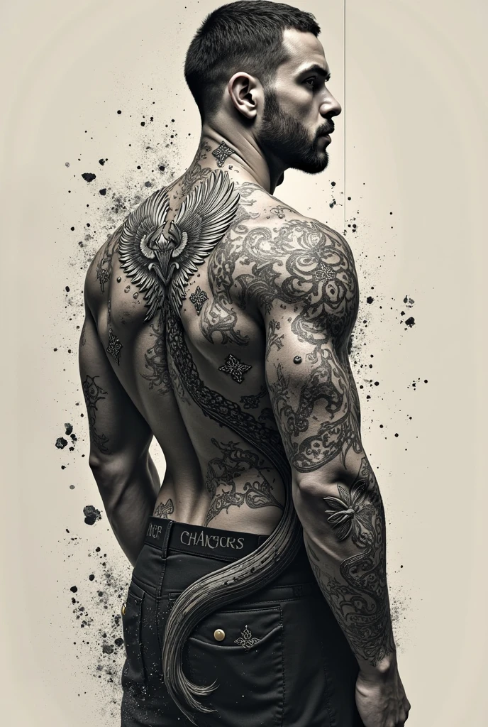 I want you to create an image, of a tattoo that demonstrates masculinity, strength and beauty, an impactful tattoo never seen before, realistic in black and gray style, an arm closure