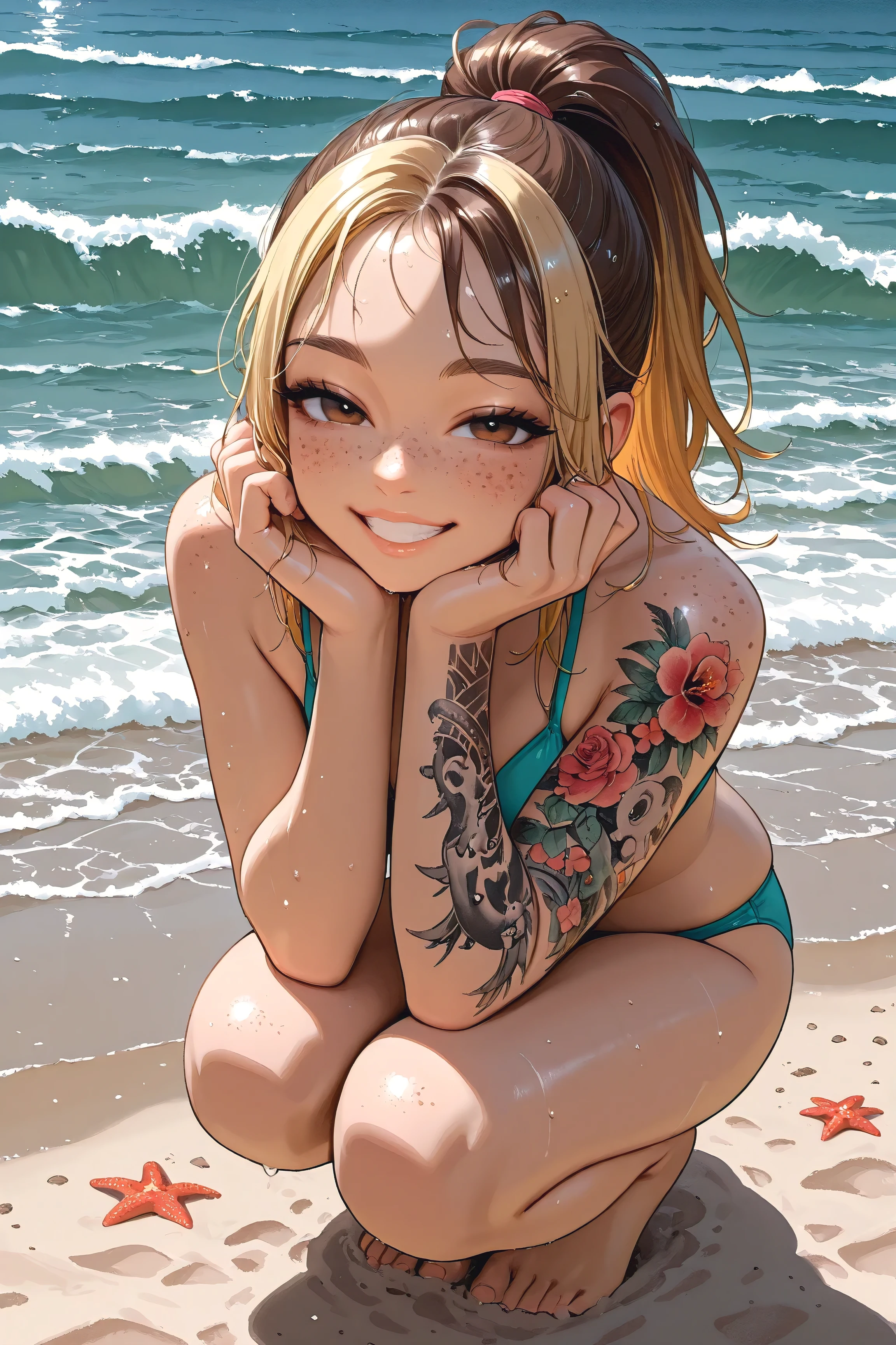 1girl, solo, brown eyes, ponytail, looking at viewer, tattoo, blonde hair, brown hair, flower tattoo, full body view, squatting, bare shoulders, half-closed eyes, bikini, freckles, multicolored hair, long hair, arm tattoo, detailed face, eyelashes, lips, hands up, beach, ocean, sand, waves, palms, grin, wet hair, wet