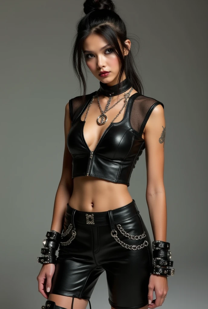 dark haired emo girl in orange leather clothes, black studded belt, studded bracelet, boots with buckles, studded collar, leather harness,