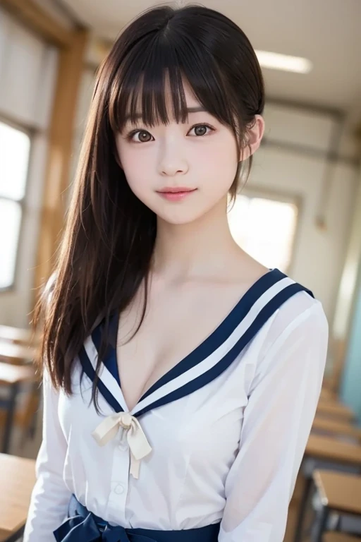 (masterpiece, highest quality:1.2), 8K, young beautiful girl, 85mm,Official AR RAW photo, baby face、clothed but exposing under skirt big breasts、photo shoot, cute face, thighs, After school classroom, various sexy seated poses, looking at the viewer, horny, masturbating, embarrassing、smile、no makeup, film grain, chromatic aberration, sharp focus, face light, clear lighting, Ten generations, detailed face, background bokeh、((((((21 year old girl))))))、thin waist、black/red sailor suit、partially wearing a skirt、pubic hair、vagina/pussy