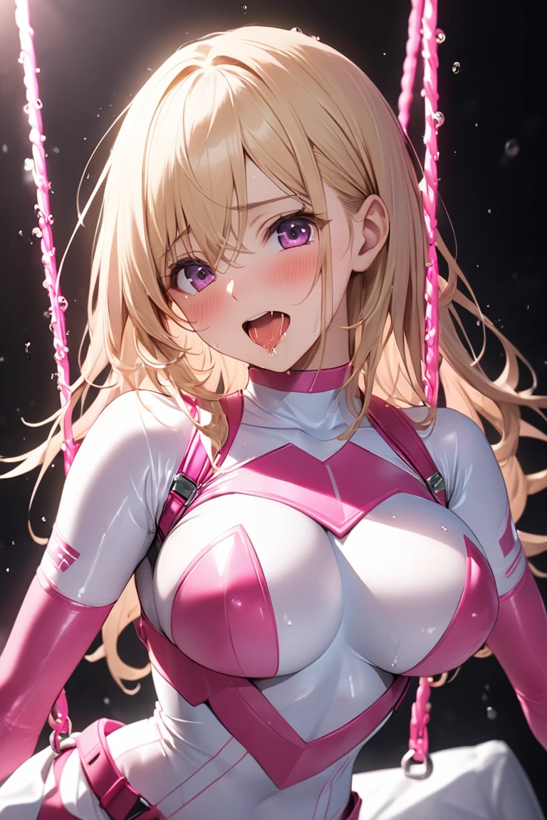 score_9, score_8_up, score_7_up, score_6_up, masterpiece, best quality, source_anime, aoi nagisa, BREAK solo, 1girl, koukawa asuka, brown hair, long hair, blue eyes, bangs, prosthesis, large breasts, (taimanin suit:1.1), pink bodysuit, gloves, fishnets, skin tight, covered nipples, shiny clothes, BREAK looking at viewer, smile, blush, (gaping mouth:1.1), uvula, tongue out, saliva, (one hand ???????? gesture:1.2), outside, city, close-up, POV,