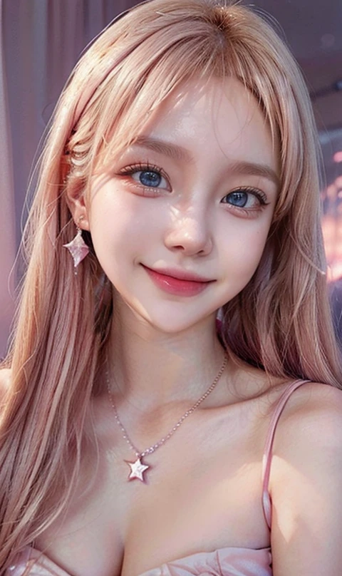 mary rose、blond、Half-length photo、((Cute pink dress))、Very beautiful Swedish 16 year old pretty girl、shiny skin、white skinned、a smile、beautiful bangs、long and straight,絲般美麗的白金blond女郎、shiny hair、Extra long straight hair、Eyeliner、a small face、big breasts、 crystal clear ocean blue eyes,Shining with beauty、beautiful and smart girl、Take a selfie in the room、Looking to the future