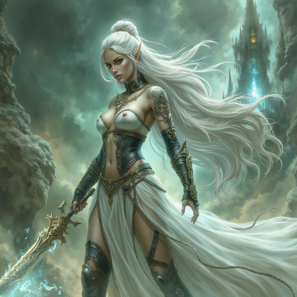 Luis Royo-like illustration of a beautiful long-haired woman resembling Nastassja Kinski in a post-apocalyptic landscape. Full body illustration