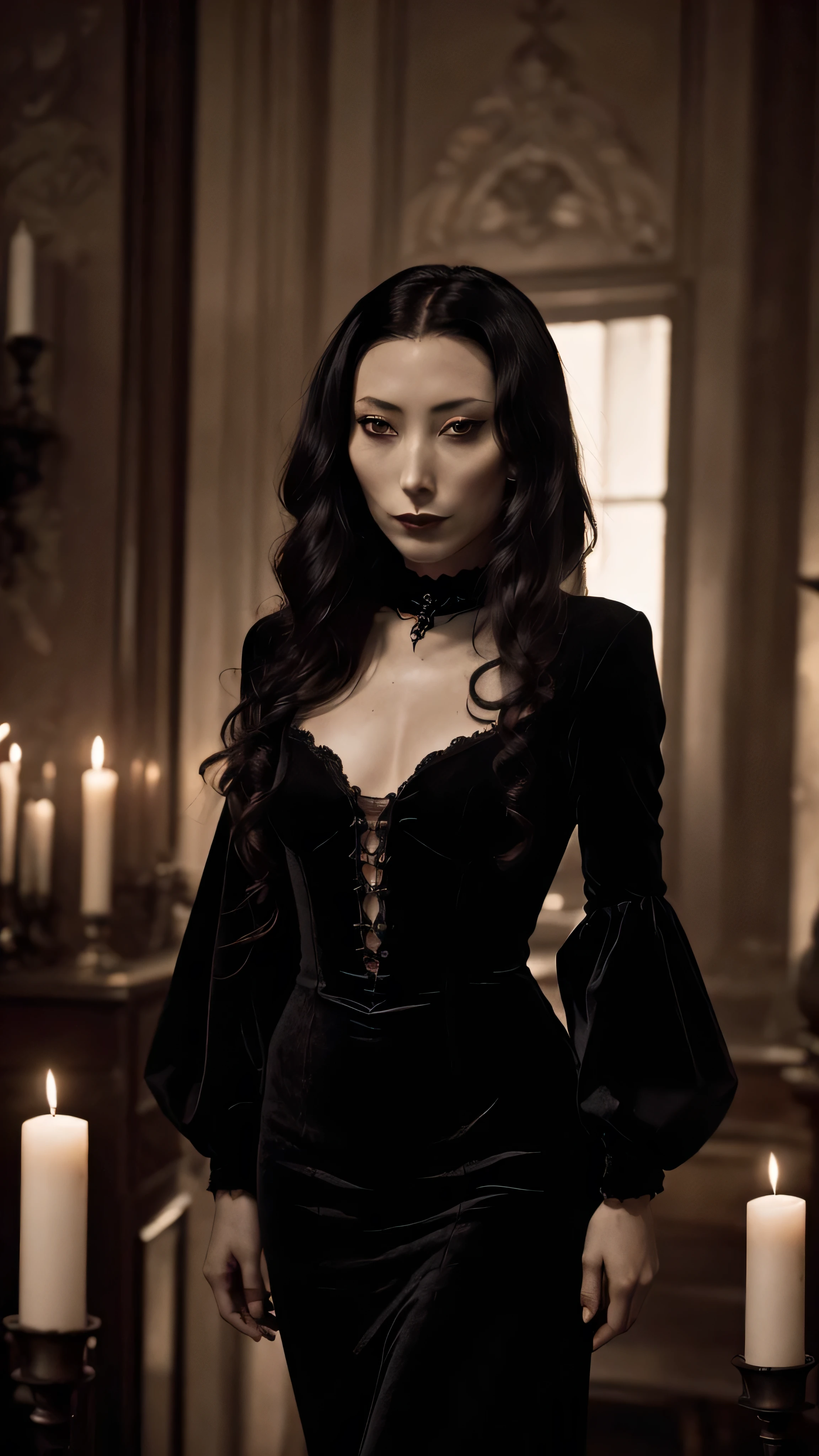 ((masterpiece:1.3), (best quality:1.3), Dichen Lachman as Morticia Addams, elegant gothic style, long black velvet dress with flowing sleeves, standing in a candlelit Victorian room with dark red drapes and antique furniture, calm and mysterious expression, pale skin, long black hair, high cheekbones, dark makeup with a touch of red lipstick, cinematic lighting, dramatic shadows, gothic horror aesthetic, high detail, 4K resolution