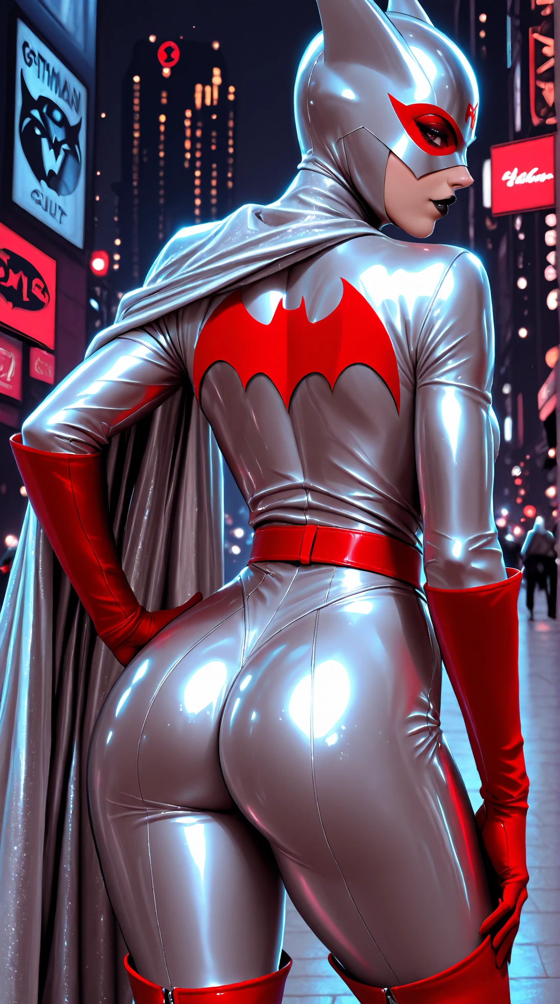 (Best quality, one person, ((masterpiece)), 8k, raw, ((a hot chick young beautyful big tits girl)), ((detailed face)), (there is a dark cyber city in the background), (good anatomy), her clothes are very torn in several places, detailed eyes, detailed face, (((black white latex with Garter Belts Sexy ))), (((good anatomy))), (big tits), (PUSH UP TITS), (((WEARING A white VENOM batman spiderman cyborg mask))), ((full body)), ((wearing high heels)), ((venom outfit)), (((venom))), white and black spiderman venom, venom absortion, batman, (diablo) , (((horror style background))), (((blood flows on the ground))), wearing a white hood, it is photographed from far below, (((she has a big venom face))), ((she looks up)), ((her costume are very torn in several places)), platform high heels, full body, hot long legs, carbon corset, (cyborg), ((hot ass))), long hair, standing, assand legs on focus, latey stockings, ((nun costume)), (standing), ((cyborg))
