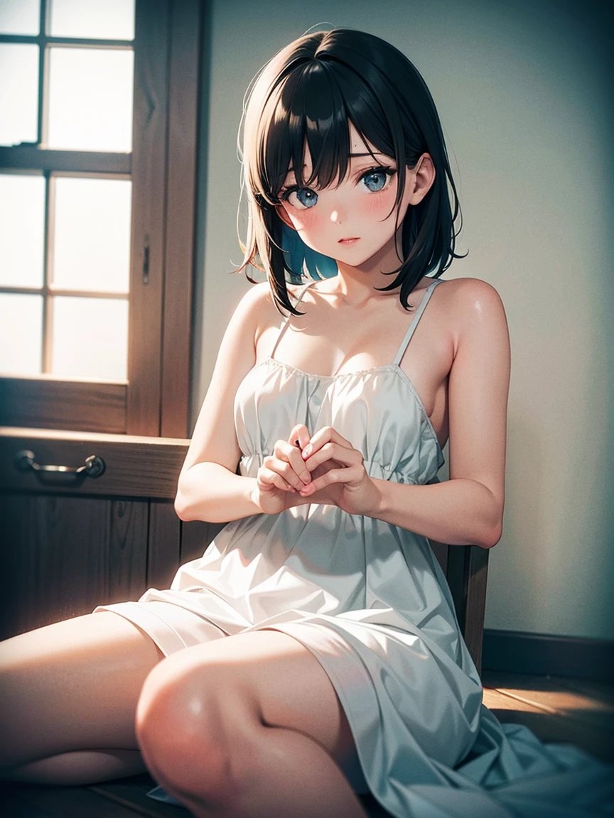 ((Masterpiece)), 8K, super low angle, wide shot, cinematic lighting, very messy hair, (Sitting in front of the clean and pure church), (exposed breast, oversized white camisole, dirty and torn, very tattered and torn, thin small breasts, smile and big open mouth, barefoot), slum cityscape, textured skin, drsizukachan1, dress