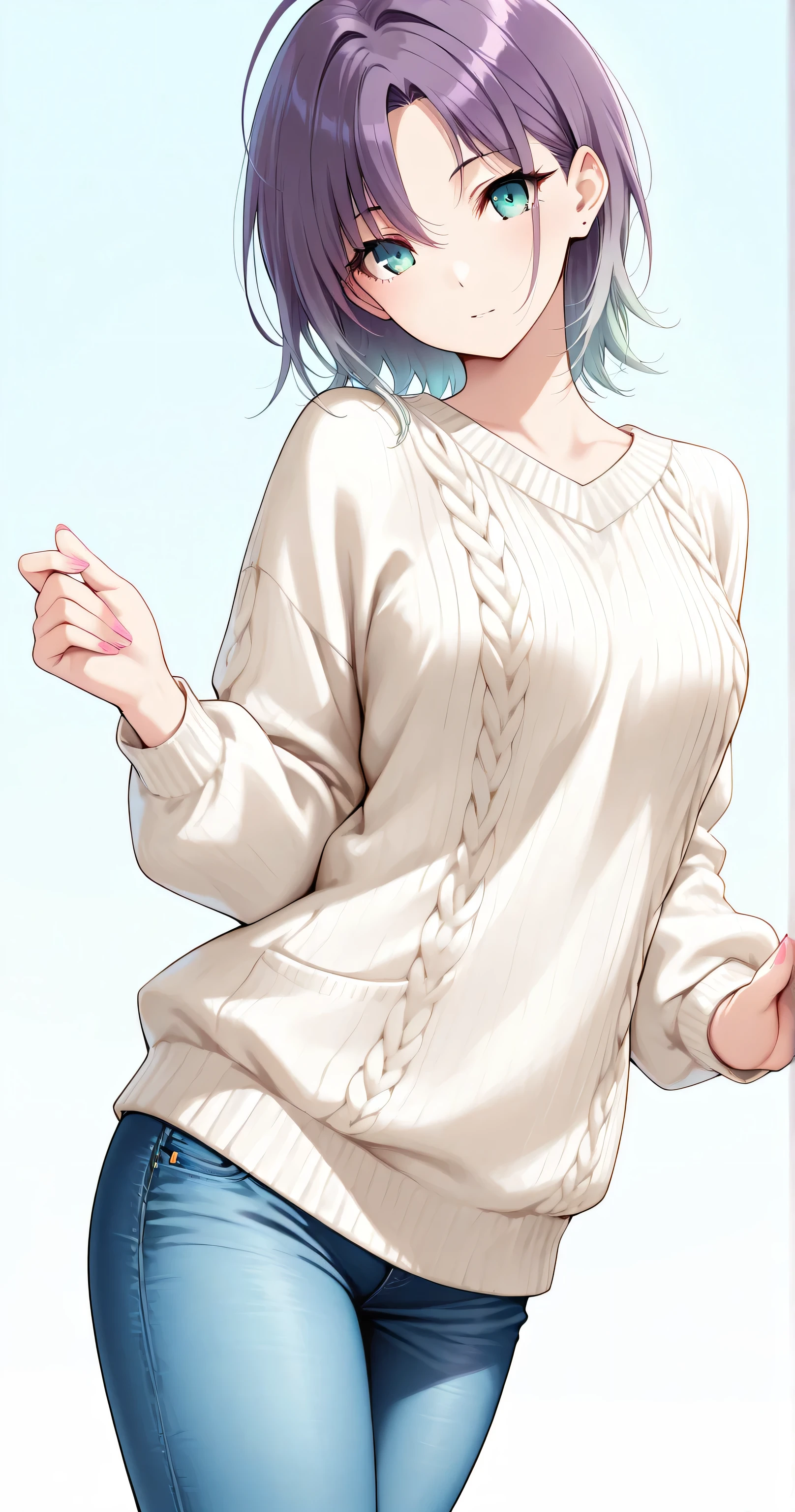 insanely detailed,
She is beautiful,
Cute anime-style girl(1.7),
Toru Asakura, t_asakura,
very aesthetic, absurdres, Alluring mystique, stunning clarity,
Cell-shaded style, vibrant colors(1.7), 2D anime style, flat color(1.7), sharp outlines, strong lineart, bold outlines, confident inking, crisp edges, high contrast line shading,
crisp outlines, clear lines, rich harmonized colors,
Cell-shaded style with vibrant, harmonized colors, highly detailed,
bold yet delicate lines,
Sharp focus(1.3), clear lines, crisp outlines, harmonized colors,
sharp focus on eyes and facial details, aqua eyes, ultra-detailed eye contours(1.3), intricate iris patterns(1.3),
beautiful eyes, clear eyes, detailed irises, gentle shading, exquisite eyelashes, long eyelashes, delicate eyelash highlights,
ahoge, gradient hair, light purple hair, silky smooth hair, delicate strands,
slender body, slim and curvaceous figure, shapely legs,
medium breasts, soft and natural, beautiful clavicle,
flawless porcelain-like skin, dewy radiance,
soft ambient lighting,
gradient blue background,
1girl, solo, no additional characters,
Masterpiece, best quality, ultra-detailed, 8k resolution, vibrant, high contrast, newest,
Perfect anatomy, visible fingernails(1.3), no tattoos or symbols on face(1.9),
head tilt, hip sway, open stance,
expressionless, looking at viewer,
cowboy shot, side view, extreme close-up view,
perfect anatomy, correct hand structure, 4 fingers and 1 thumb, elegant and natural pose, visible fingernails(1.3),
{denim pants}, {indigo fabric}, {sturdy cotton construction}, classic silhouette, everyday casual wear, {jean styling},
{untucked loose spring knit}, {light sweater}, {cotton construction}, {breathable design}, {pastel color}, {soft hue}, {spring palette}, {delicate tone}, {seasonal shade},
Highly detailed face, refined body, flawless skin.