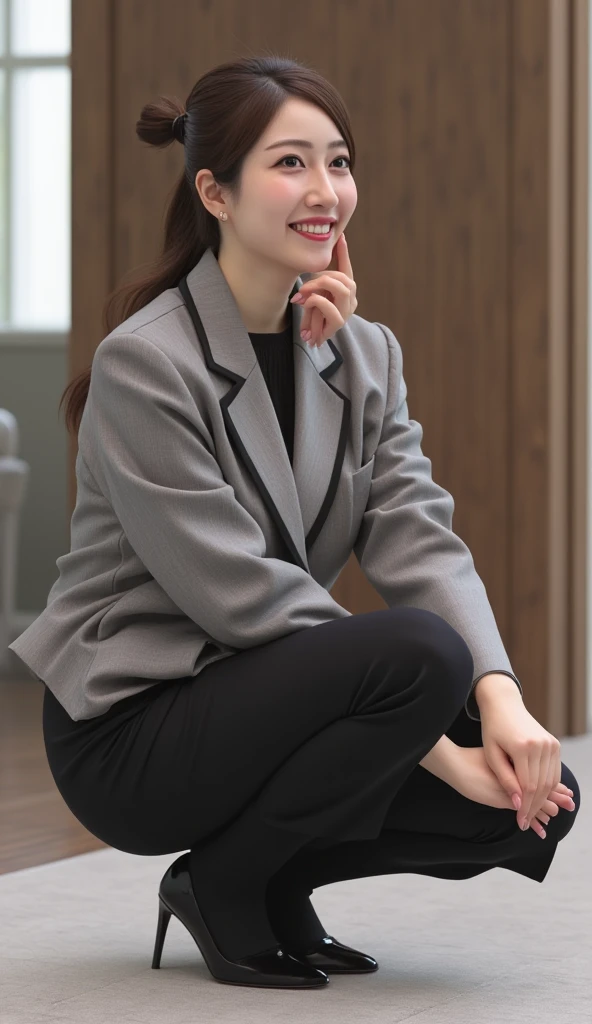 Very detailedな CG Unity 8k 灰色無地背景, Highest quality, Very detailed, masterpiece, Realistic, Realistic写真, Mature beautiful woman, Age 55, （office lady）,  smile , Round eyes, Large Breasts , Full Body Shot     ,  Brown short hair trend　Latest short hair trends for women in their 50s　　Beige Suit　　Provocative look　人を惹きつけるsmile　Staring at the photographer　　Sexy lips　A dress that is see-through from the inside　Pink lips that captivate men　Thick lips　　Show inside the skirt、I can see your pants、　Random blushing、A beautiful 55 year old lady