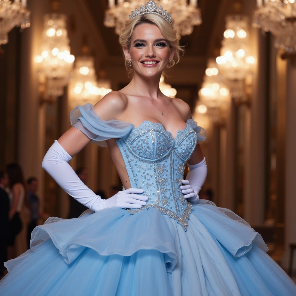 A young lady in a party dress and a big crown.
