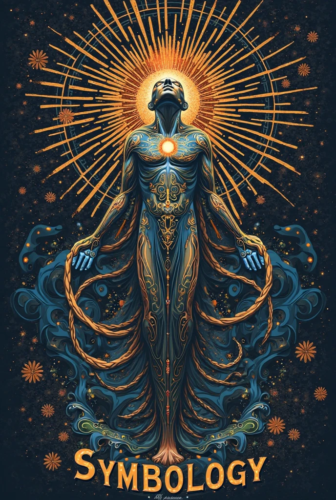 Create a woodcut style image digital art surreal art that depicts a mystical figure with divine characteristics, a, symbolizing control and harmony with the universe. Use a vibrant color palette, including blue, oranges and whites, to create heavenly contrast and a stunning visual effect
