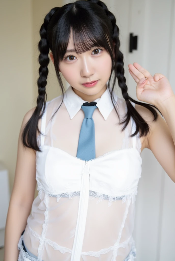 high school girl、uniform、Beauty、masterpiece, ultra detailed, hyper detailed, insanely detailed, detailed, high quality, best quality, exquisite, beautiful, woman, shy, wink, making a V sign, looking at viewer, black hair, big eyes, slant eyes, wide-eyed, heterochromia, with heart-shaped pupils, wheatish skin, skirt, choker, with a tattoo, piercing, beauty mark, freckles, blush, nail polish, long hair, twintail, very long hair, long hair, twintails, spiked hair, flipped hair, ahoge, shiny hair, wavy hair