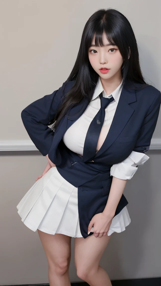 (Surreal), (figure), (High resolution), (8K), (Very detailed), (best figure), (Beautiful and delicate eyes), (Highest quality), (Very detailedな), (masterpiece), (wallpaper), (Detailed face), Realistic Skin, Anatomically correct, alone, 1 Girl, (Wavy black hair:1.4), (Beautiful Susie:1.7), (Beautiful and cute JAV idols:1.7), heterochromatic eyes, (Detailed blue eyes), (A faint smile:1.1), (:1.2), Navy Blue Formal Blazer, White shirt, (Open chest),
Black mini skirt, (Long and beautiful legs), Toned Abs, Dynamic pose,