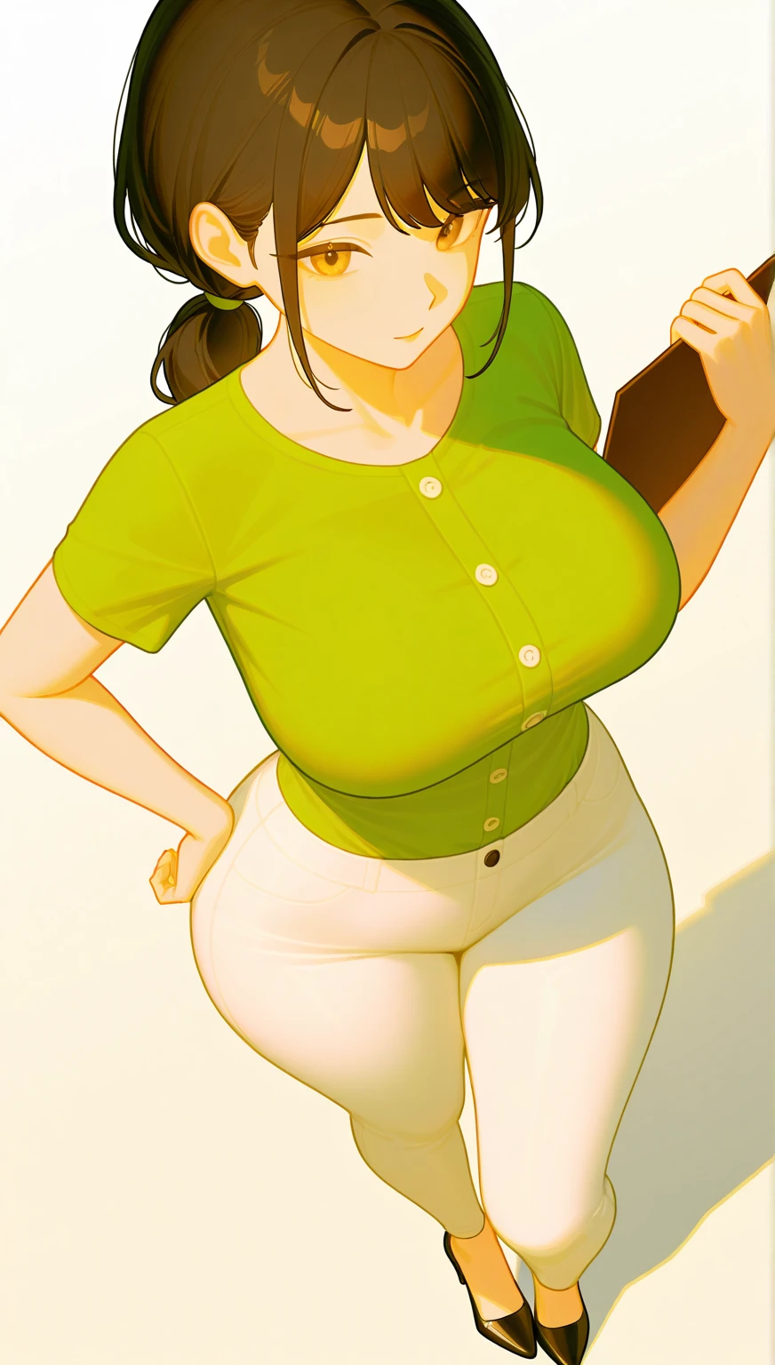 masterpiece, best quality, highres, ((Slim thicc waifu:1.3)), large breasts, elf, yellow eyes, blonde hair in short high ponytail, (black choker), (White sweater), jewelry, (ripped skinny jeans), long sleeves, cowboy shot, standing, field, smile, hands on face, hearts