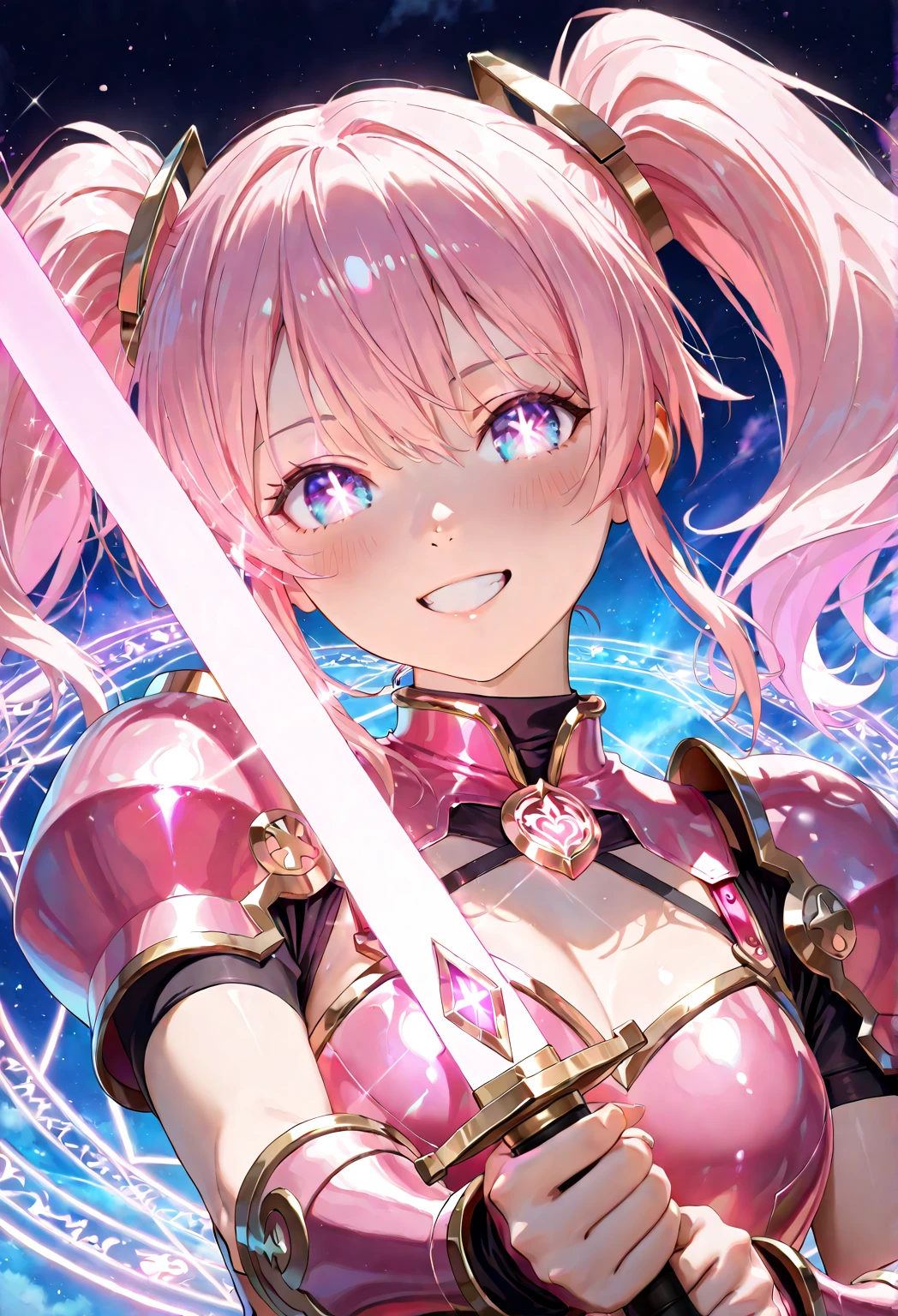 (Perfect Anatomy)、Mastepiece、Ultra High Quality、 8K、masterpiece、Highest quality、Ultra-high resolution、Maximum resolution、Very detailed、Professional Lighting、anime、woman、thin、so beautiful、Highly detailed eye、Highly detailed face、Golden earrings、Pink Hair,、Pink eyes, upper arm pink armor, white leotard, pink pattern, grassland, whole body, magical girl, Angel Girl, fighting pose, holding a luxurious magic wand in hand, (((big magic wand))), sweat, hold a magic wand in both hands, Magic attack with magic wand, magic attack