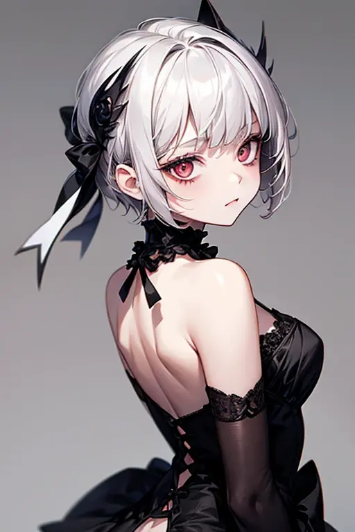 masterpiece, best quality, silver hair, pixie cut, black clothes, whole body, back, face detail, Pale red eyes, cat-like face, pretty girl, cuteness, 3 year old girl, Modern background