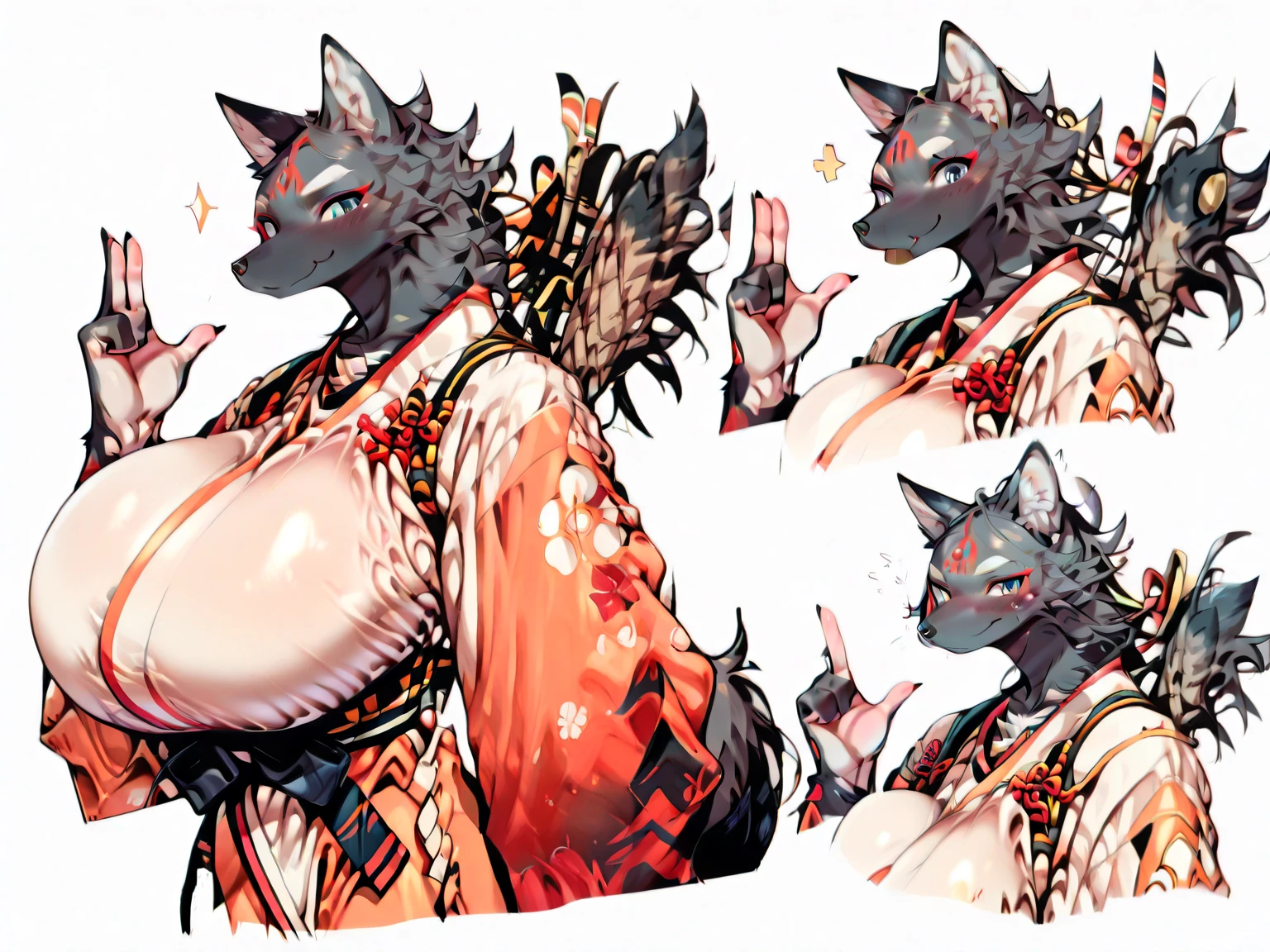 gray hair, gray long hair, ((yellow eyes)), eye patch, (((muscular))), big breasts, happy, (tanned skin), ((black clothes)), sexy, Ghislaine Dedoldia of Mushoku Tensei, fur-trimmed jacket, green pants, open fly, open belt, bikini top only, red choker, cat ears