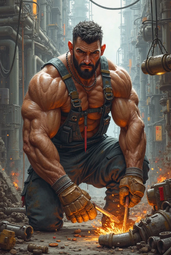 Chris Redfield, alone, young man, short hair, 1 guy, sitting, male focus, pants, tattooed, japanese tattoos, muscular, facial hair, frown, thick eyebrows, tank top, pecs, muscular male, bara, large pecs, sideburns, mature male, moustache, chest hair, pectoral cleavage, arm hair, hairy,