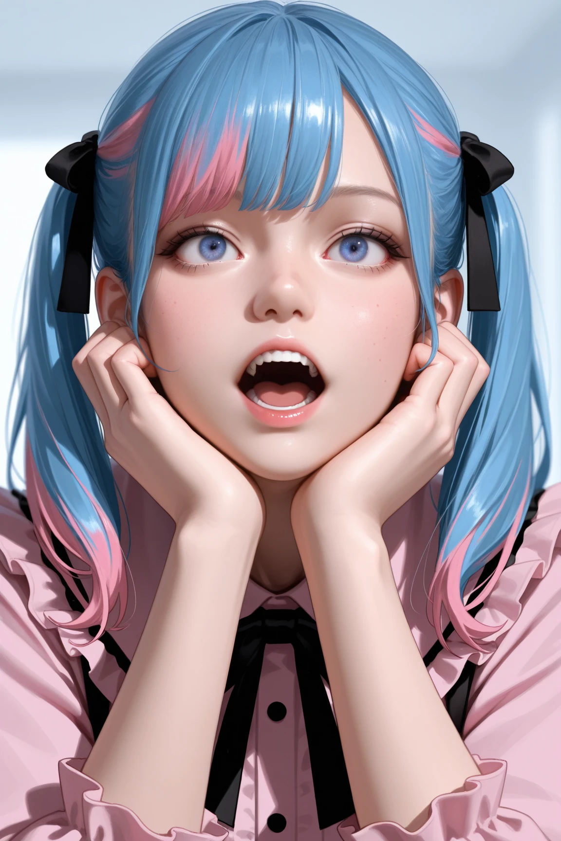 best quality, ultra-detailed, (1girl, solo, <lyco:hair_bow_front_of_head-v1:1>, hrbwonfoh, hair bow, turtleneck ,, , :D upper teeth disgusted eyes, ), in an office cubicle