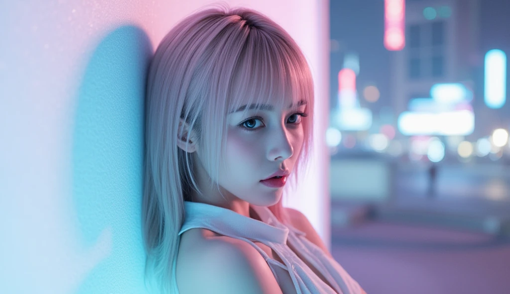 (8K, Raw foto, Best Quality, mastery:1.2), (realisitic, Realistis:1.37),(kpop-idol), (aegyo sal:1),Cute,Professional Lighting, photons mapping, radiosity, physics based rendering , , lucy \(The cyberpunk\), bob cuts, mechanical parts, Grey eyes, short soft pink hair, wearing white nurse cap and white Tight Suit with purple blue gradient essence, cyberpunk city, white pants, natta, neon lit, Sexy, smoke, looking up at viewer,, 8K High Resolution, 8K, CG wallpapers, realitic, clear background, big Tits, Body, pink nipple, without dress